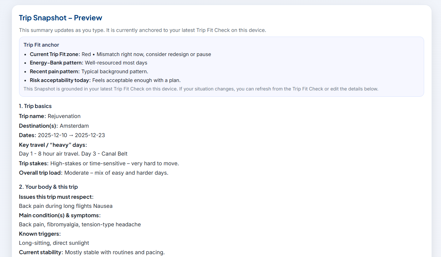 Trip Snapshot preview showing Trip Fit zone and key trip details in a one-page format.