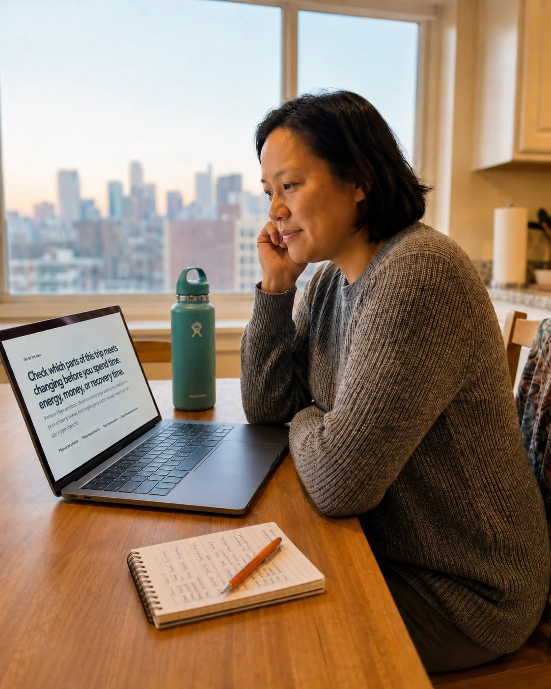 Adult woman planning a trip at a kitchen table, looking at a laptop showing a Trip Fit Check page, with a water bottle and handwritten notebook notes beside her, city skyline in the background.
