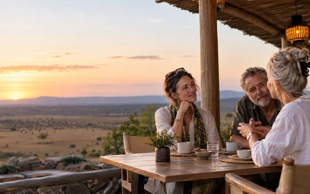 Three adults sharing tea and conversation on a terrace overlooking the savannah.