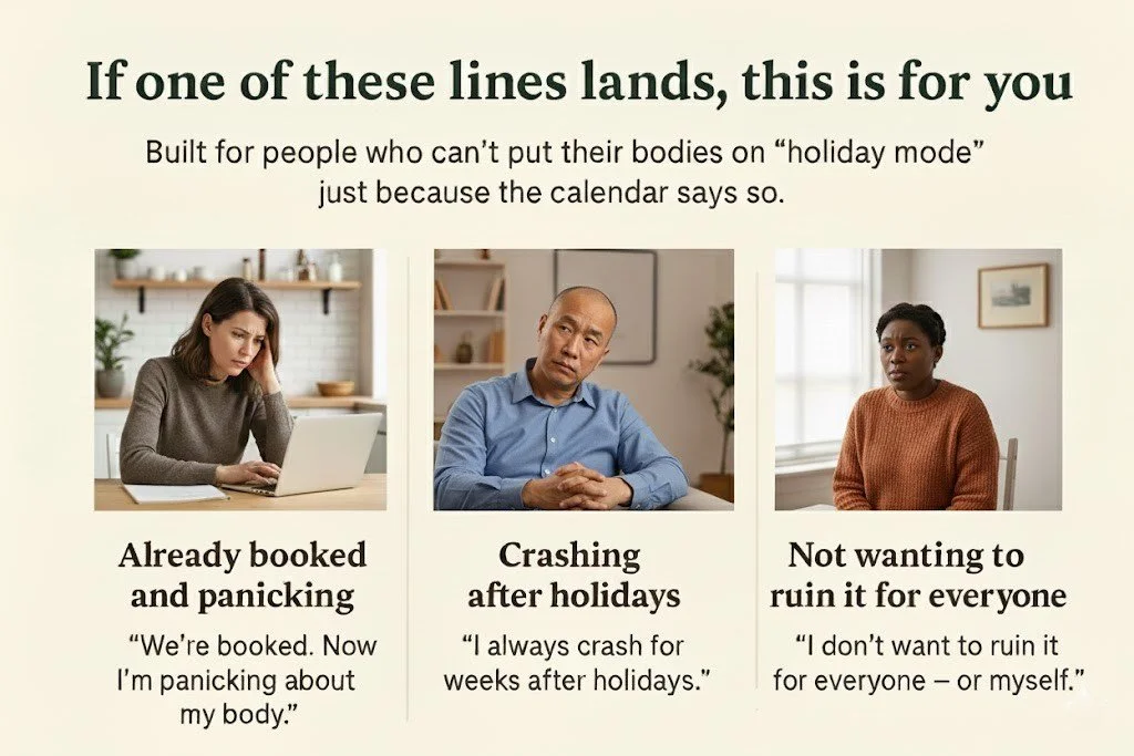 Three festive travel scenarios: already booked and panicking, crashing after holidays, and not wanting to ruin it for everyone.