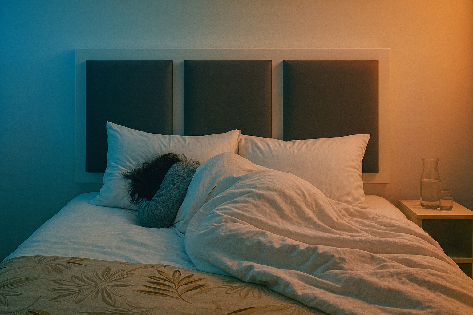 Woman with chronic pain sleeping under a white duvet in a quiet hotel bed after travel, face turned away from the camera.