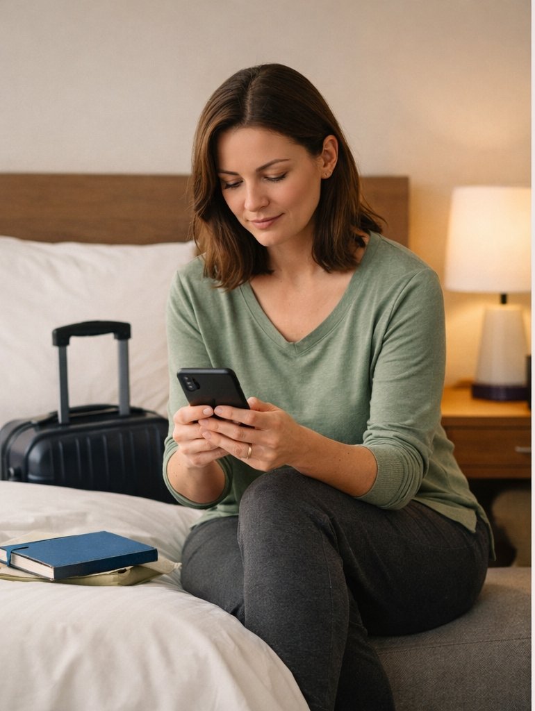 Traveller reviewing a simple trip plan on a mobile device before choosing chronic pain travel support