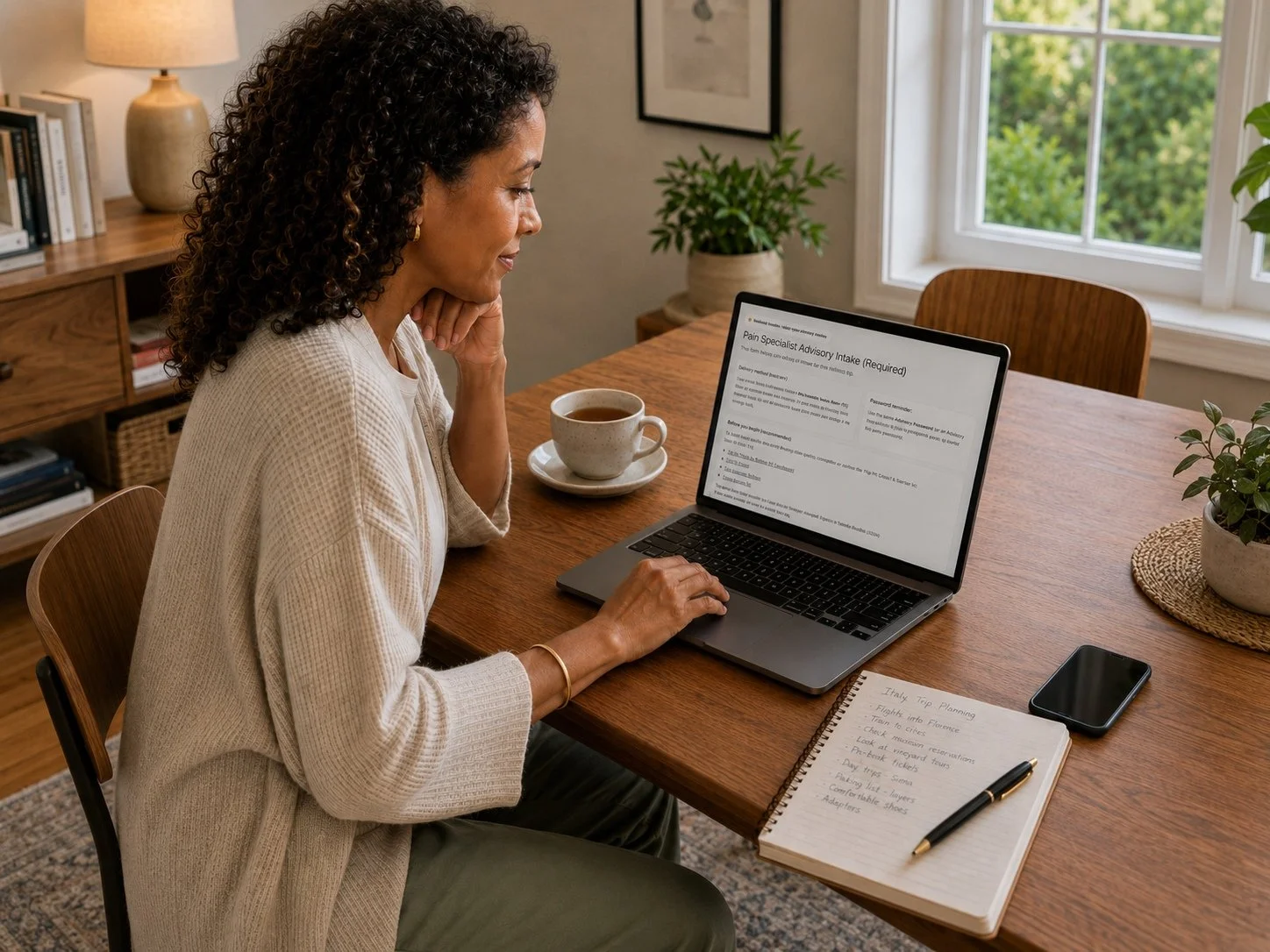 Woman with curly hair sits at a wooden table in a calm home setting, looking at a laptop turned toward her and displaying a “Pain Specialist Advisory Intake (Required)” page. She wears a light cream knit top, rests one hand near her chin and the other on the laptop, with a cup of tea, a smartphone, and an open spiral notebook with handwritten Italy trip-planning notes and a pen on the table.