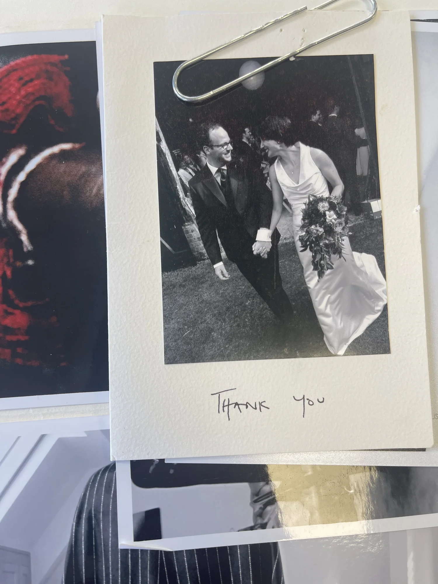 Wedding thank-you card: a bride and groom in a black-and-white photograph