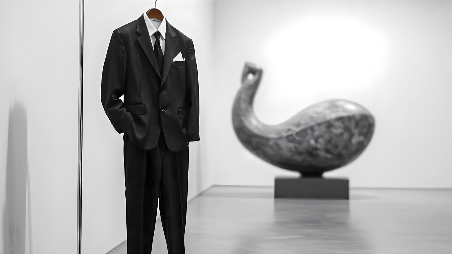 Black two-piece suit on a hanger