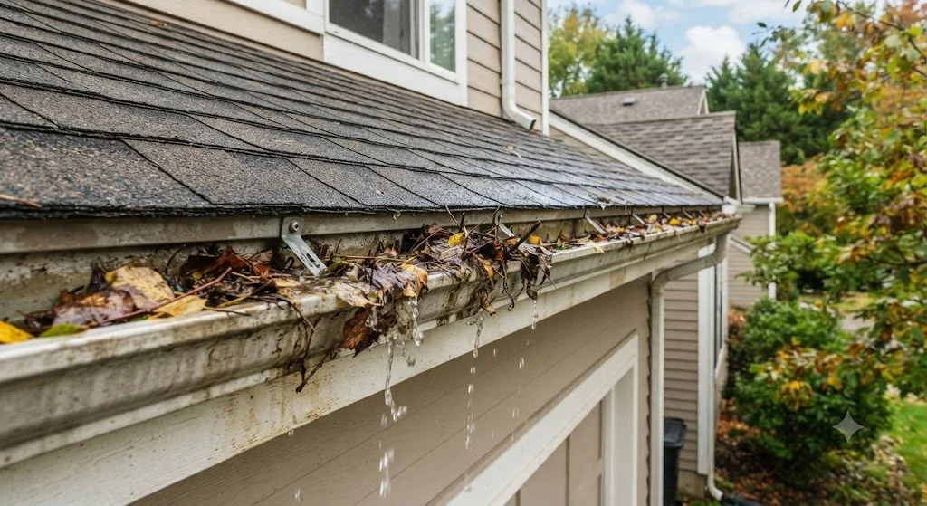 Pine needles and debris covering gutter guards on a roof