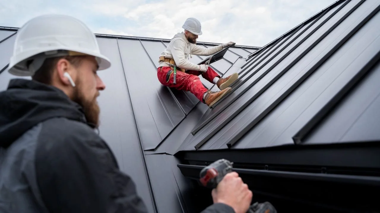 Gutter and roofing professional at work