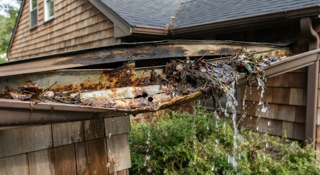 Damaged or leaking gutters needing repair