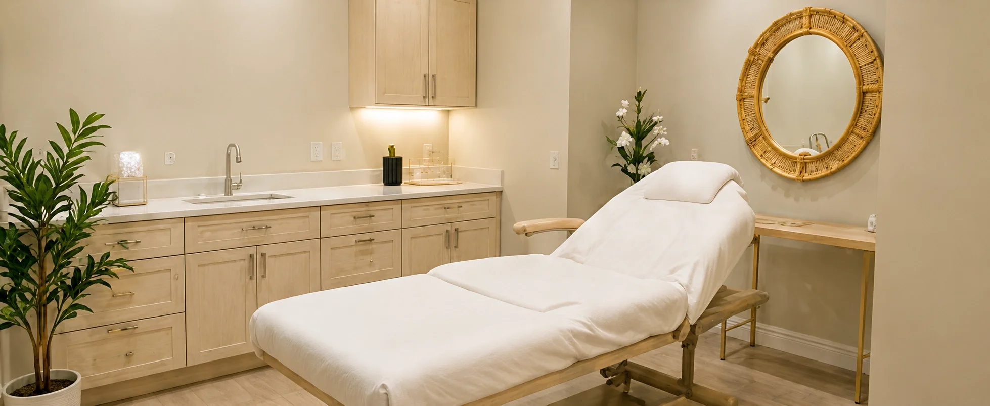 Private treatment room at 903 Essentials med spa in Tyler, TX with a treatment bed, mirror, and wellness equipment.