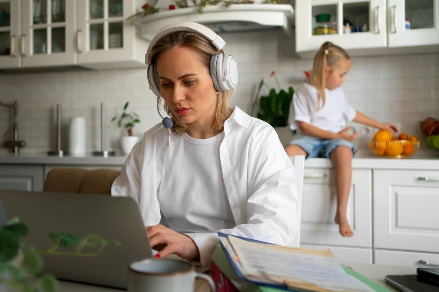 Mother working remotely