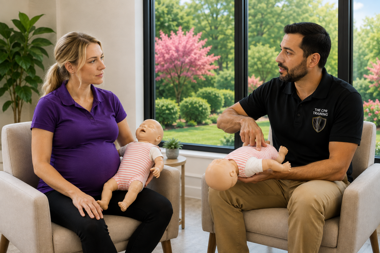 Expecting mother practicing infant CPR skills during private training with a CPR instructor
