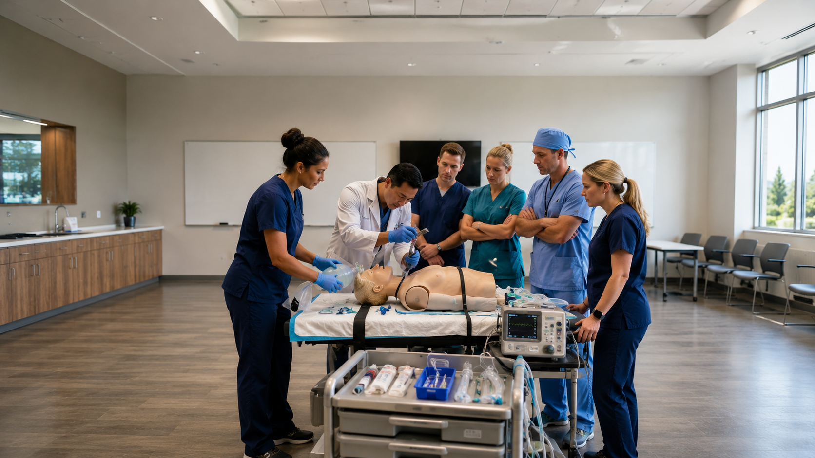 Healthcare professionals practicing advanced airway and cardiovascular emergency response during ACLS training.