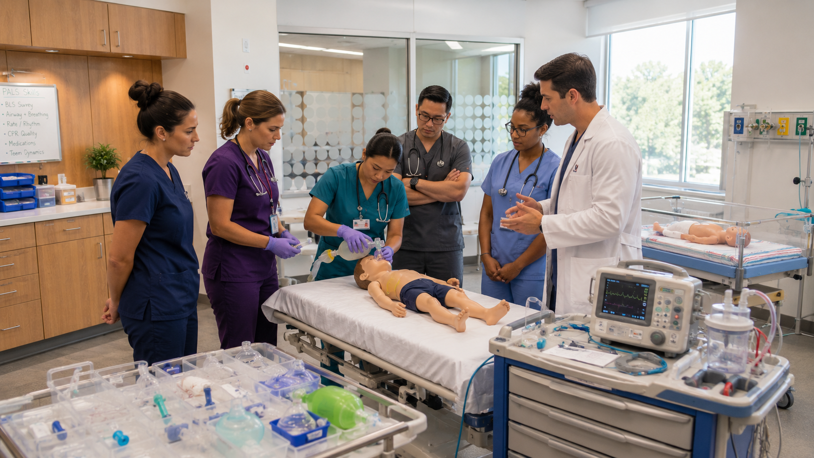 Pediatric Advanced Life Support training with healthcare professionals practicing pediatric airway and emergency response skills.