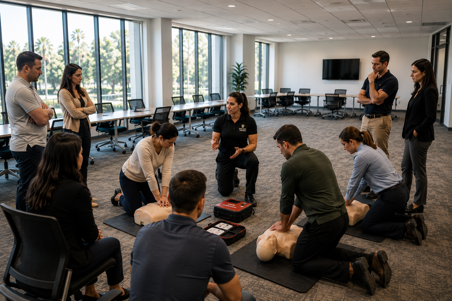 Workplace and group participants completing hands-on CPR and emergency response training.