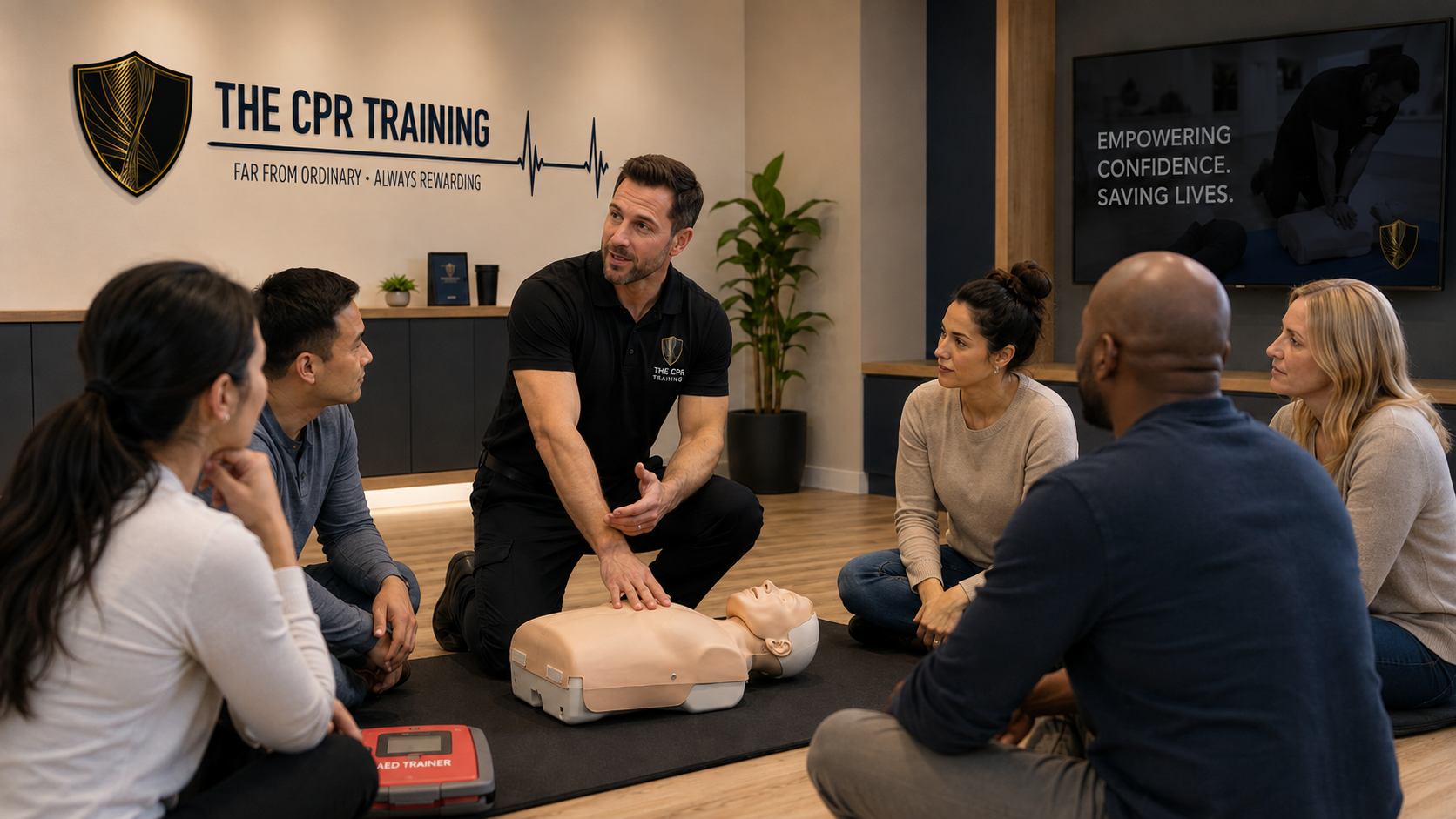 CPR instructor leading a hands-on training session with a group of participants