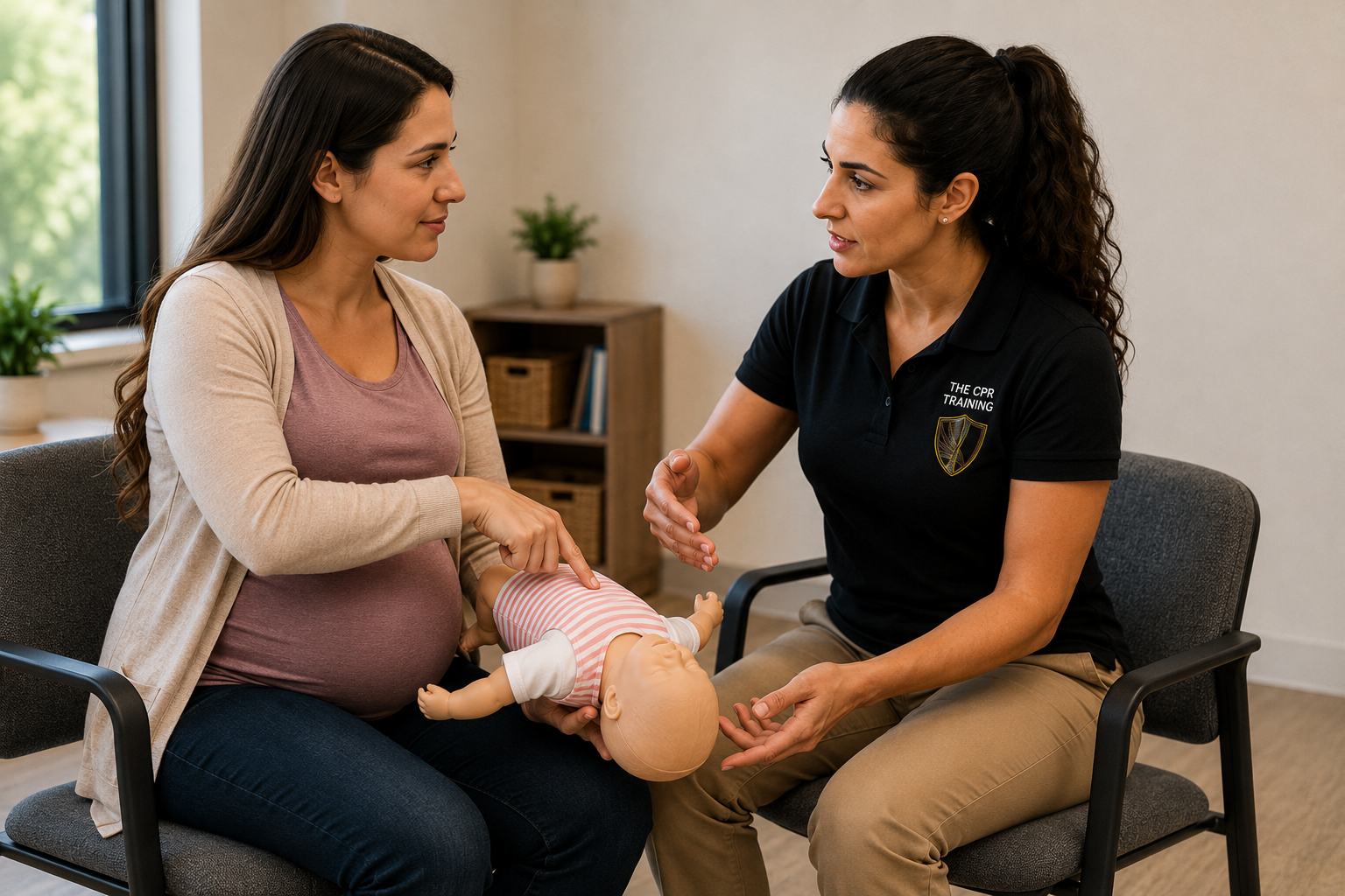 Expecting parent practicing infant choking response skills during hands-on training.