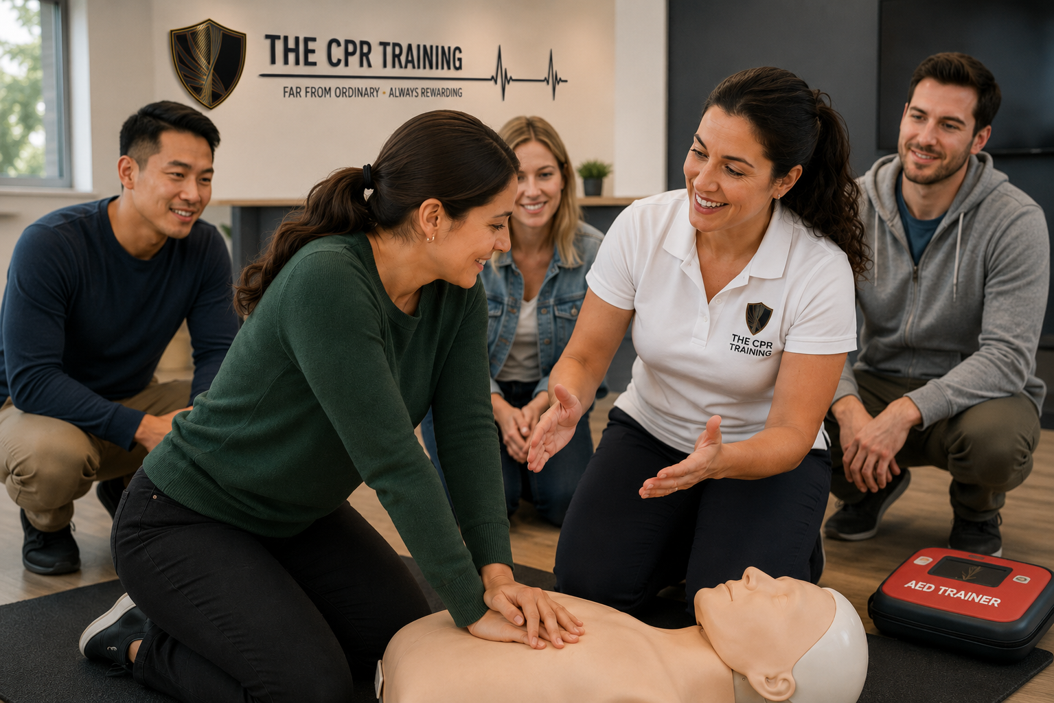 Basic Life Support class practicing hands-on CPR and AED response with an instructor at The CPR Training