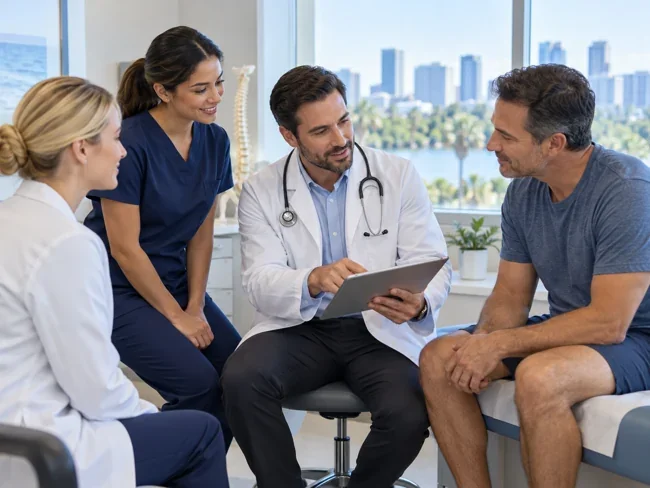 Illustrative coordinated medical team discussing care with a patient