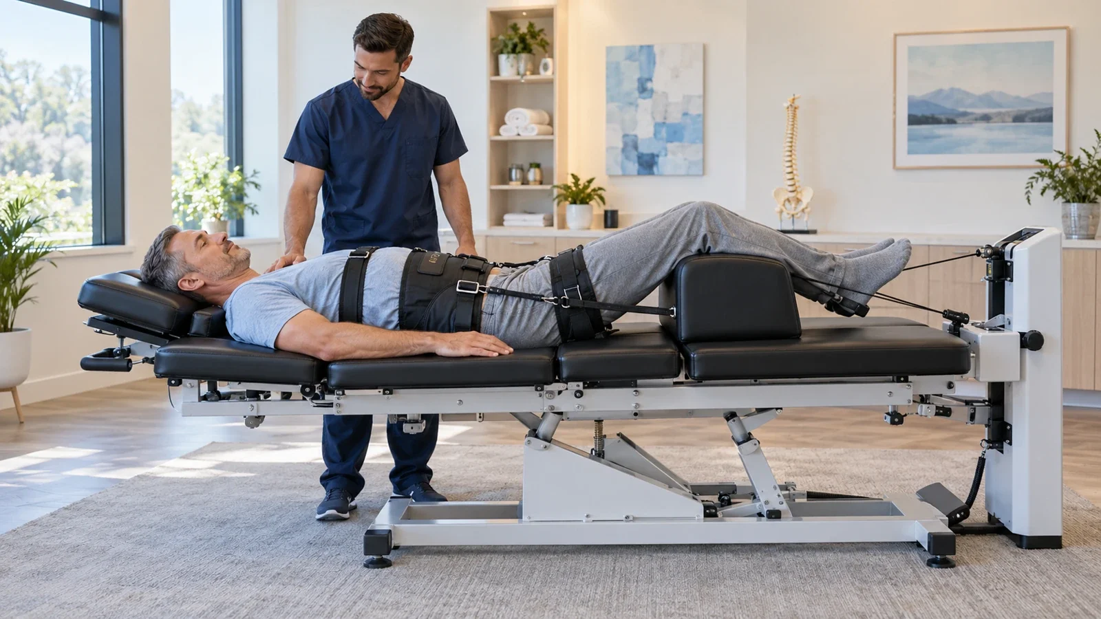 Illustrative patient receiving clinician-supervised lumbar spinal decompression therapy