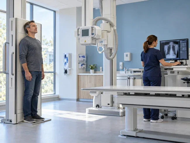 Illustrative patient and technologist in a modern digital X-ray room