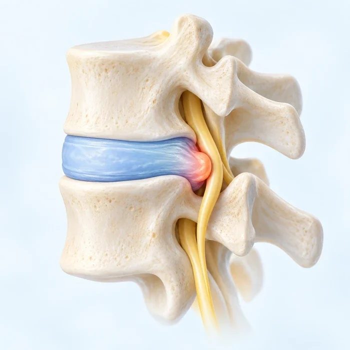 Conceptual illustration of a lumbar disc herniation near a nerve root