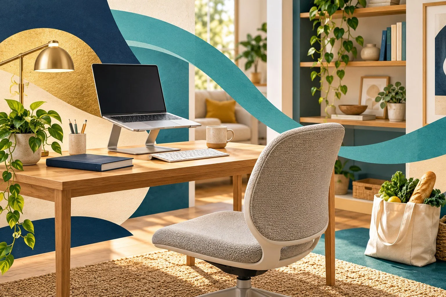 Original illustration of a desk with raised laptop, separate keyboard, supportive chair and everyday tote bag.