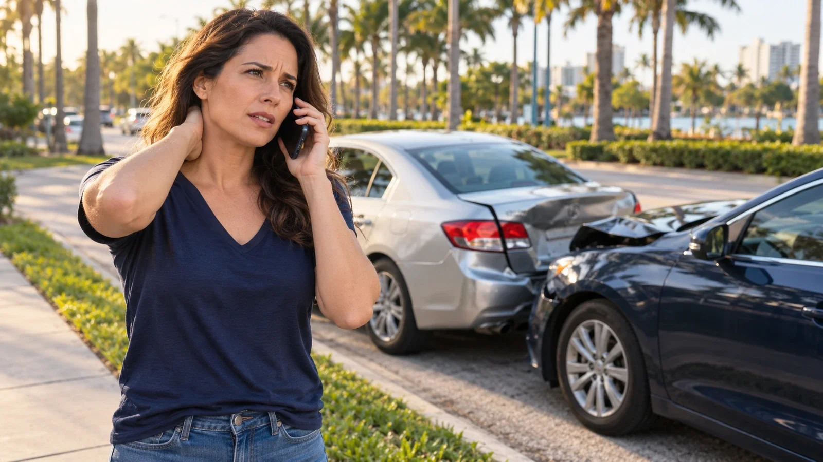 Illustrative woman holding her neck and calling for care after a minor car crash