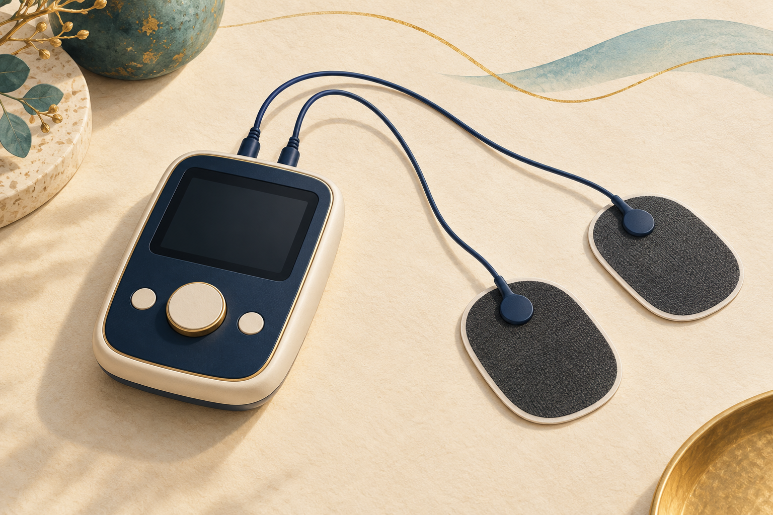 Conceptual electrical stimulation unit with two leads connected to two surface electrode pads on a cream tabletop.