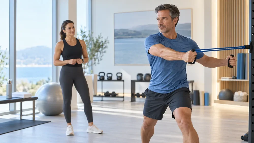 Man exercising with resistance bands in a bright fitness studio