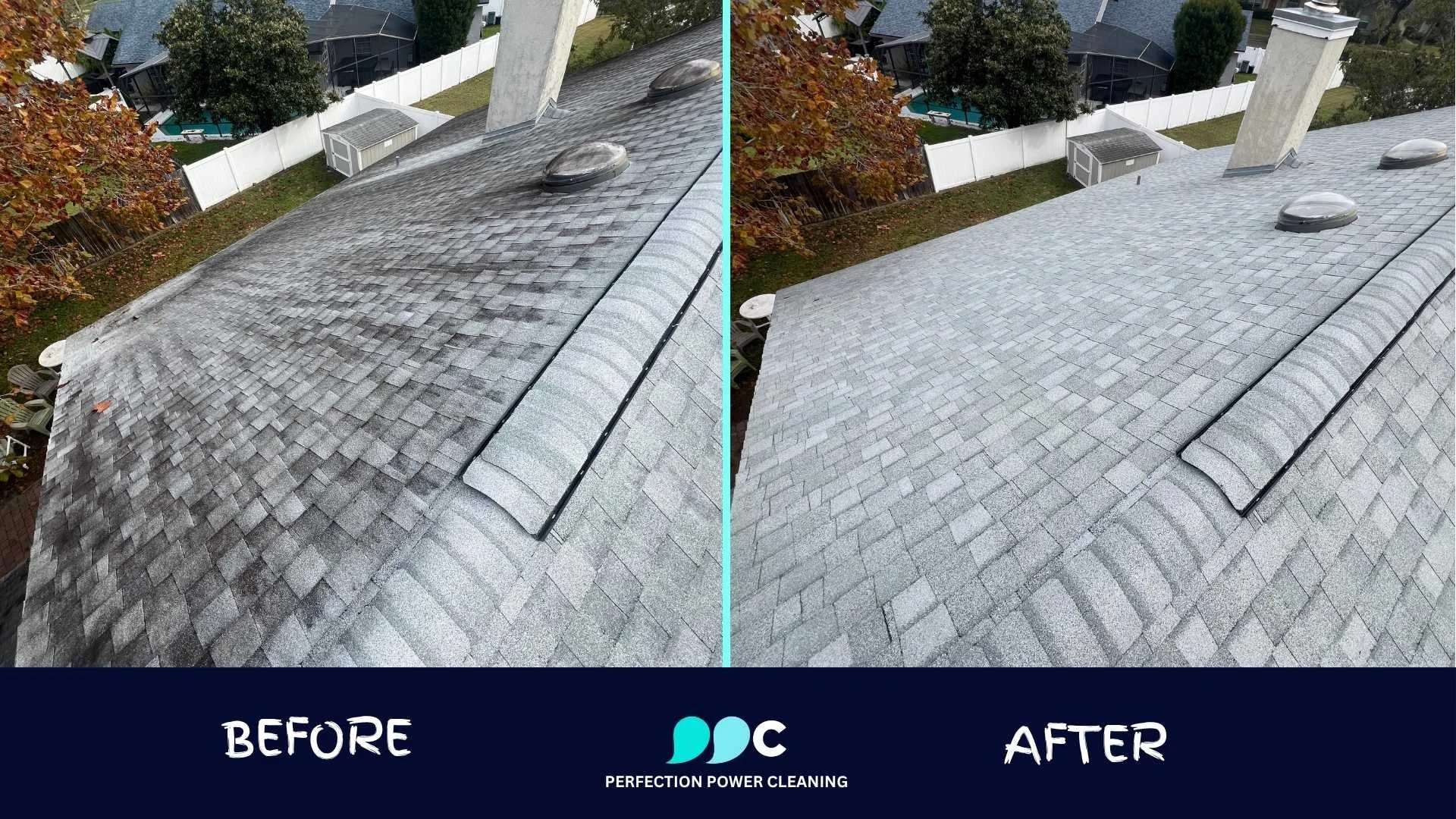 Before and after roof soft washing in Orlando