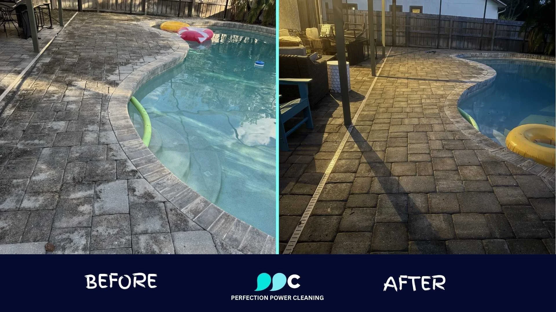 Before and after paver pool deck cleaning in Orlando