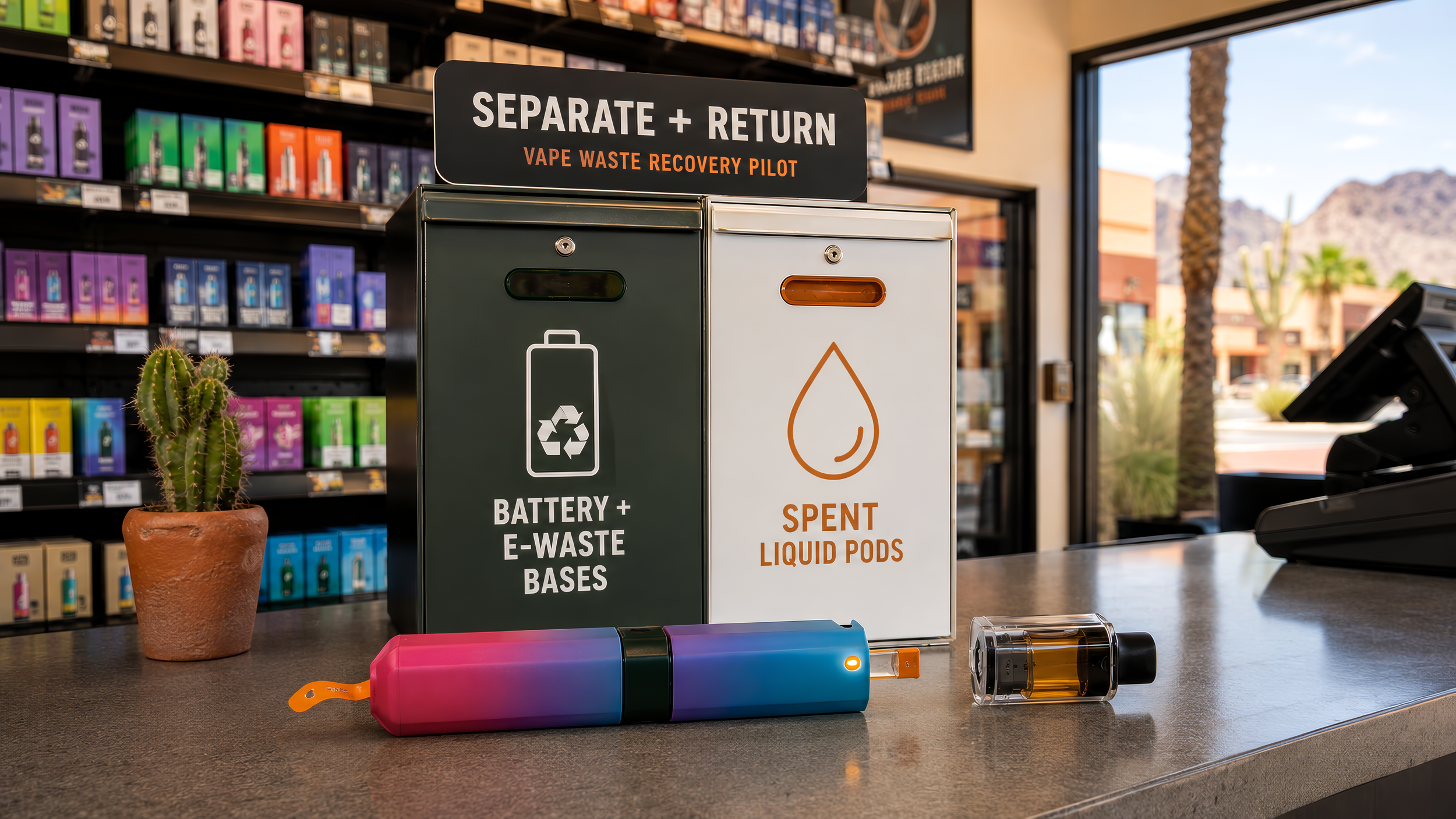 Clean vape takeback station with separate bins for battery bases and spent liquid pods