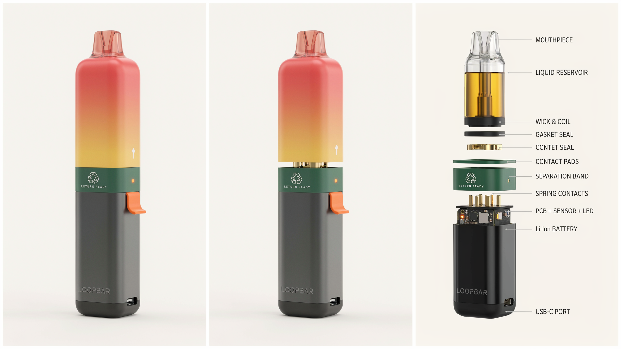 Assembled and exploded view of a two-part vape designed for end-of-life recovery