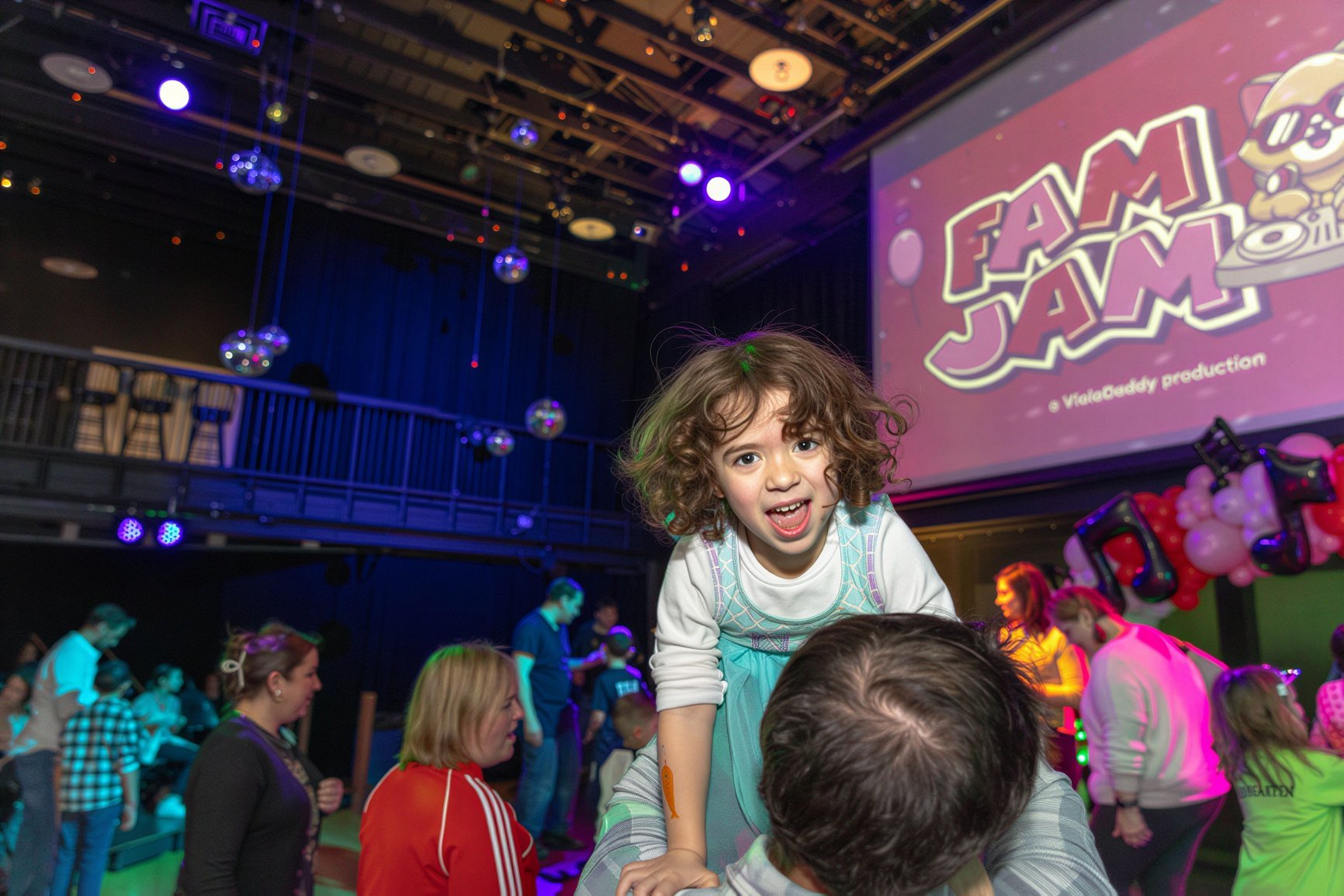 A child on a parent's shoulders in front of the Fam Jam screen