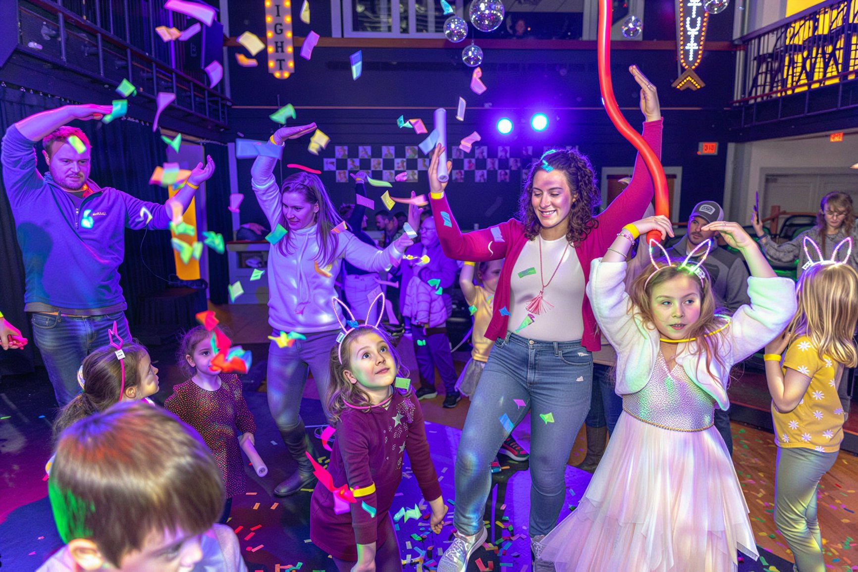 Parents and kids dancing together under falling confetti at Fam Jam