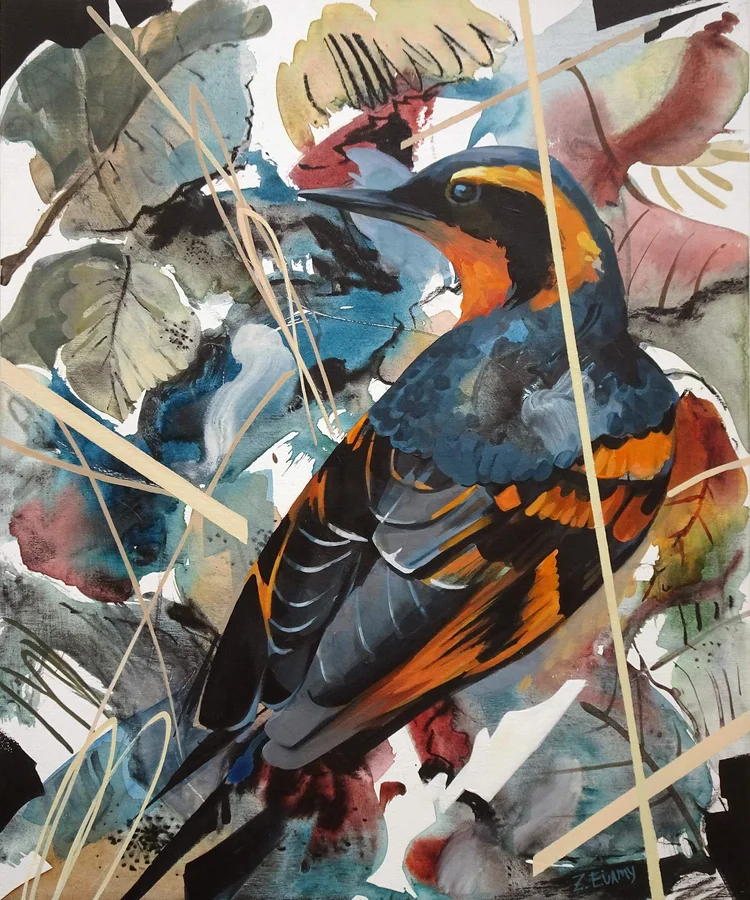 Fluid acrylic painting of a Varied Thrush on a bed of dark, wet leaves.