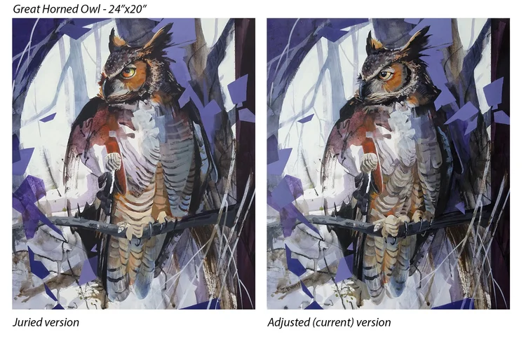 Acrylic painting on paper showing a Great Horned Owl sitting on a branch with a full moon behind. Purple, black, white and cinnamon colours.