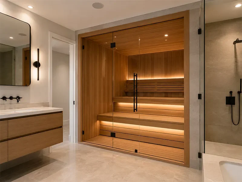 Indoor cedar sauna installation in Seattle, WA by Space | Craft