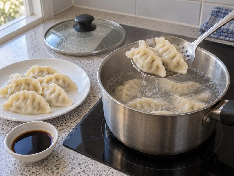 Cooked dumplings lifted from the pot with a slotted spoon, with dipping sauce beside the plate. / 用漏勺从锅中捞出煮熟的饺子，盘子旁配有蘸酱。