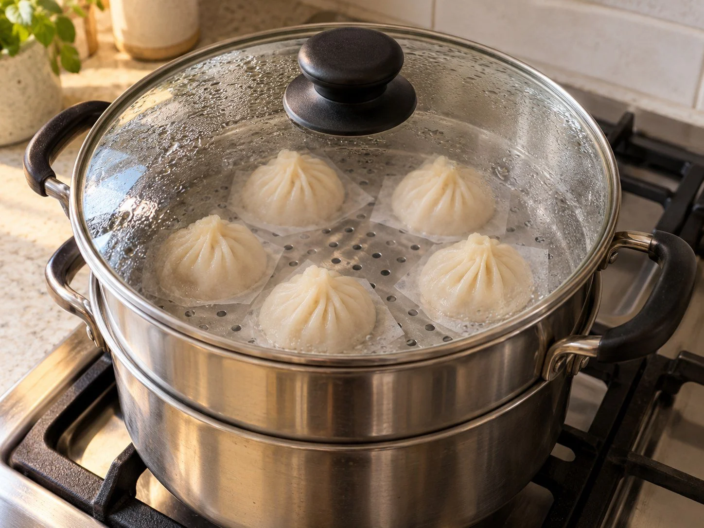 Soup dumplings steaming on a raised metal tray beneath a glass lid. / 小笼汤包在架高的金属蒸屉上蒸制，上方盖着玻璃锅盖。