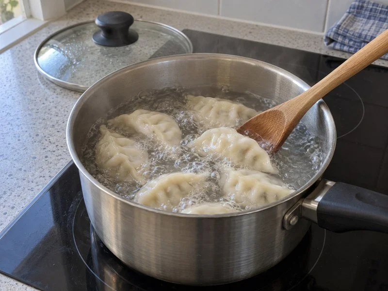 Dumplings in boiling water, gently separated with a wooden spoon. / 沸水中的饺子，正用木勺轻轻拨开。