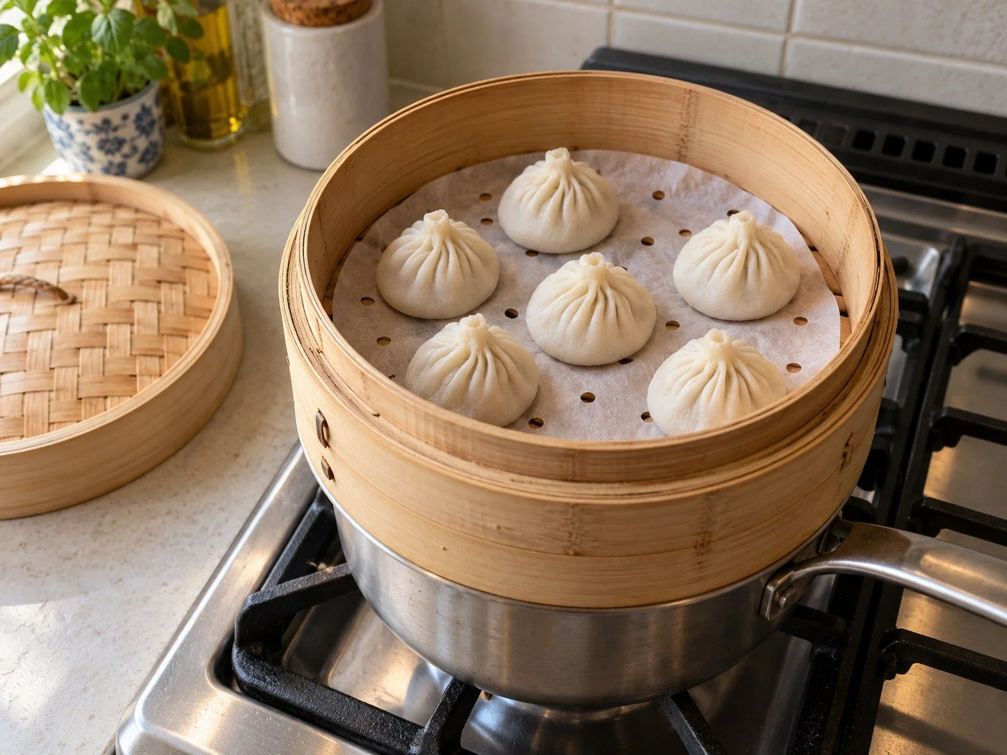 Soup dumplings spaced on perforated parchment in a bamboo steamer over a saucepan. / 小笼汤包间隔放在铺有带孔蒸笼纸的竹蒸笼中，蒸笼稳放在家用锅上。