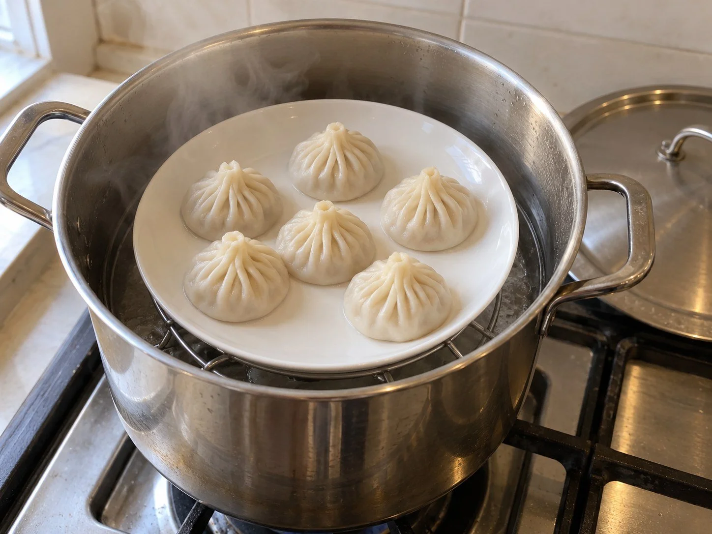 Soup dumplings on a heatproof plate raised above water on a steaming rack inside a pot. / 小笼汤包放在耐热盘上，盘子由锅中的蒸架托起并高于水面。
