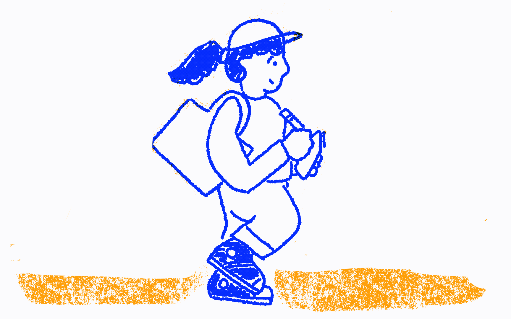 Animated illustration of Nishat walking, drawing and looking around.