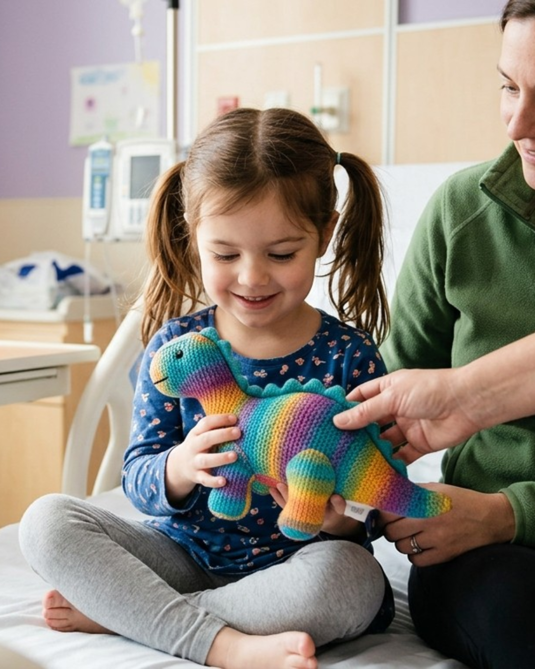 A child receiving a colorful toy in a hospital treatment room