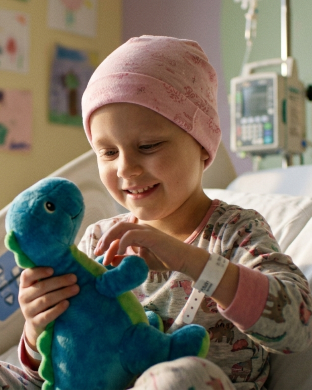 Emma receiving a toy during cancer treatment