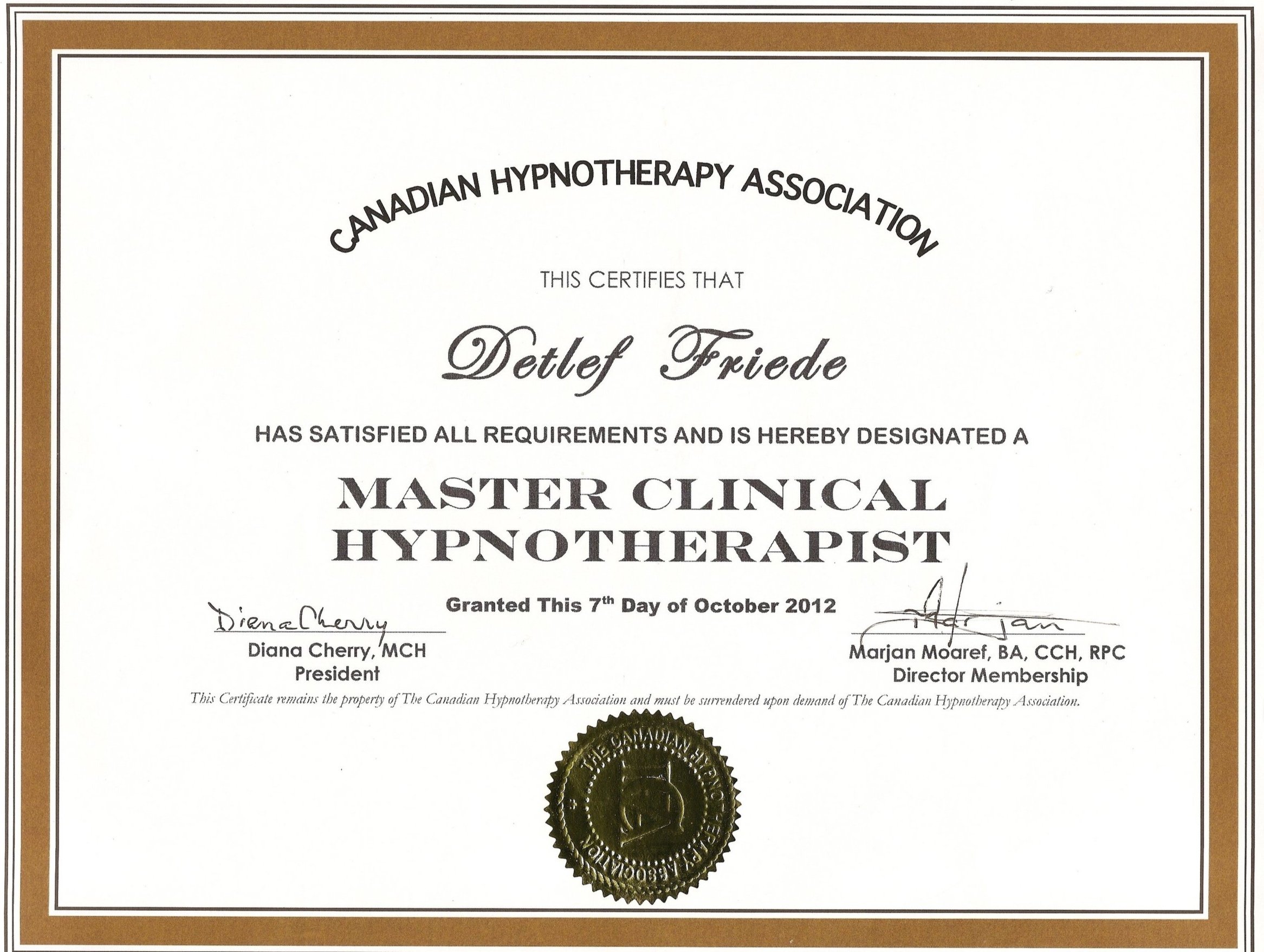 Detlef Joe Friede's Certified Master Hypnotherapist credential
