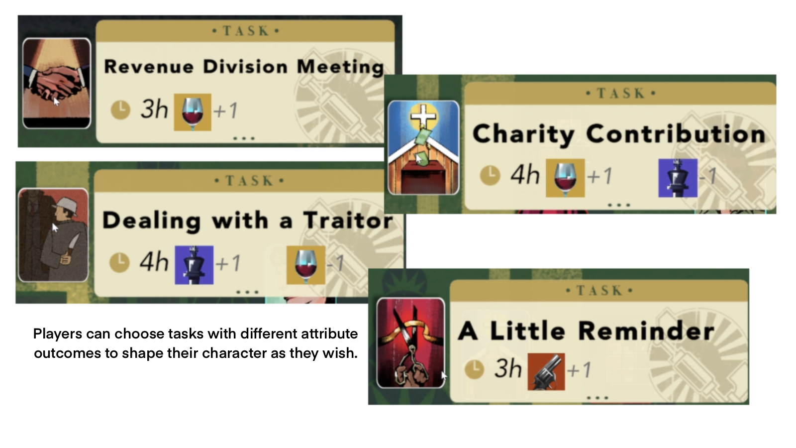 OMERTA Attribute Risk System showing Reputation, Violence and Loyalty