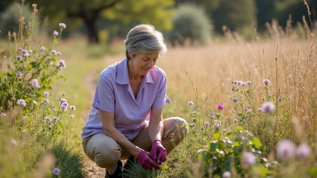 Asian woman gardening at Oxbow Preserve after successful chronic pain central sensitization treatment