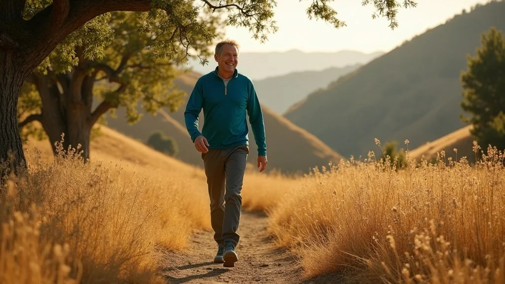Active man walking confidently on Westwood Hills trail after successful facet joint pain treatment